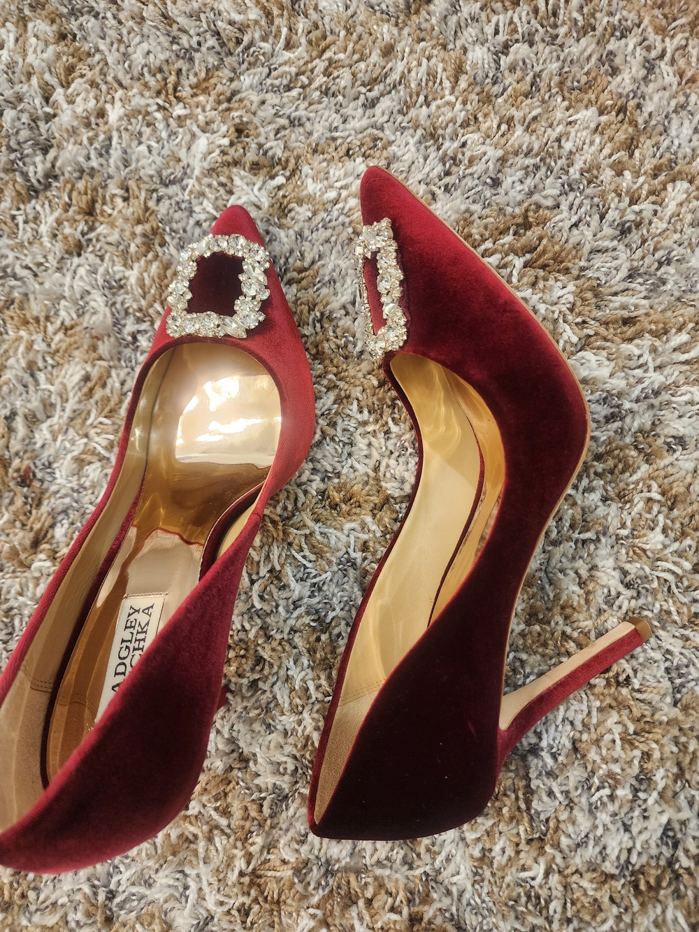 Badgley Mischka Burgundy Velvet Crystal Buckle Pumps